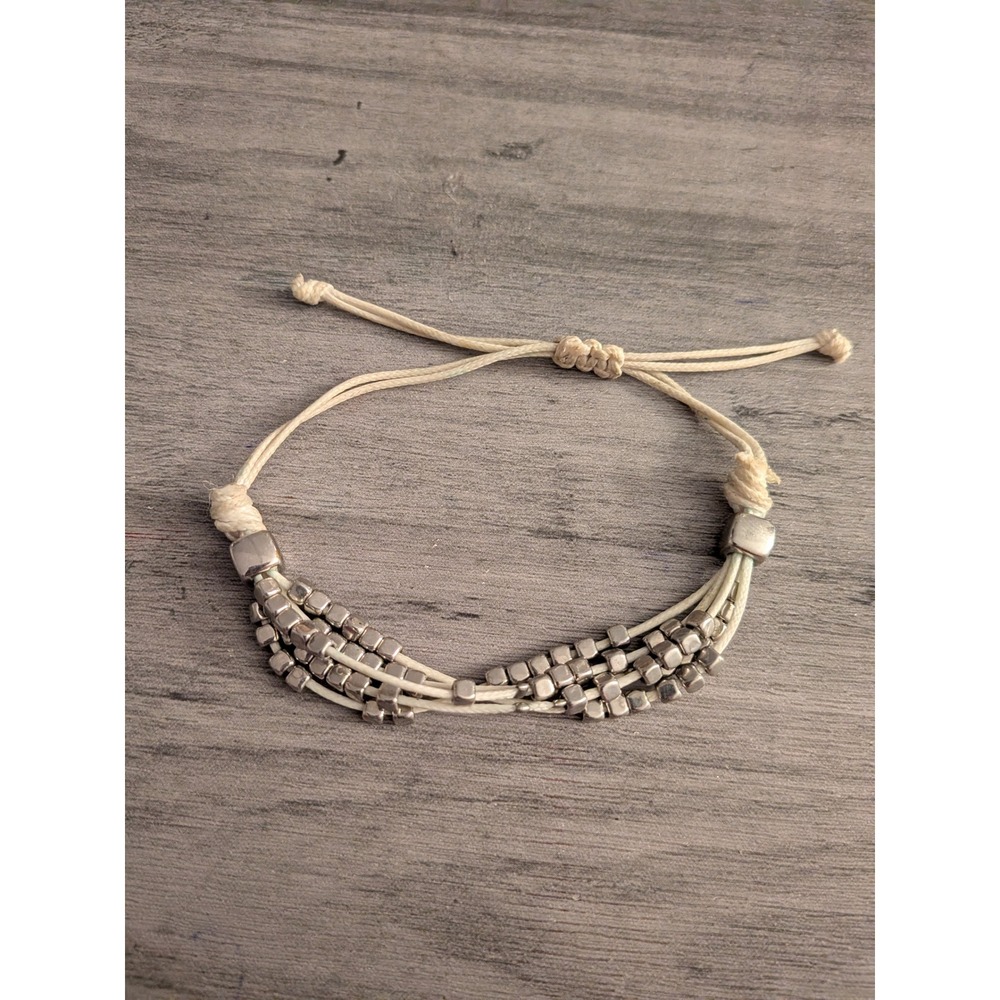 Boho Silver Square Bead Multi Strand Adjustable Cord Bracelet Cream Neutral